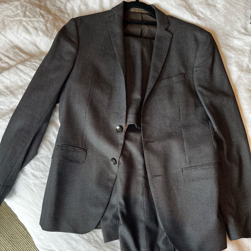 Zara Mens Black Suit with white pin dots - 38R / 32 pants